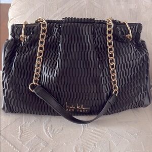Nicole Miller Black cut out faux leather Shoulder bag  gold chain lots of space